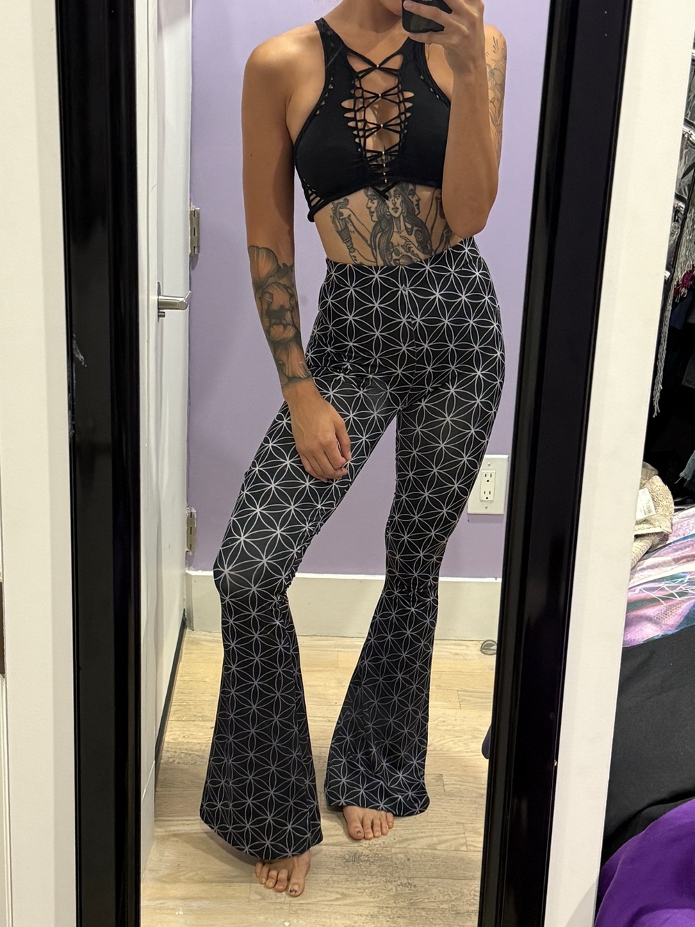 Black Sacred Geometry High-Waist Flare Pants